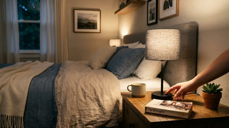 Lampe de chevet tactile moderne allumée sur une table de nuit.