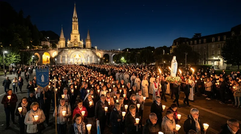 Procession aux flambeaux devant la basilique de Lourdes avec des pèlerins.