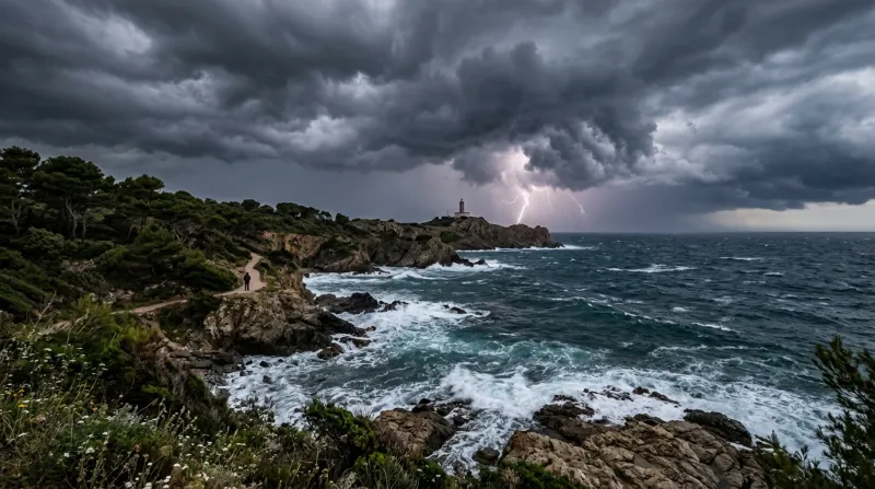 Une photo d'un paysage côtier du Var sous un ciel d'orage spectaculaire