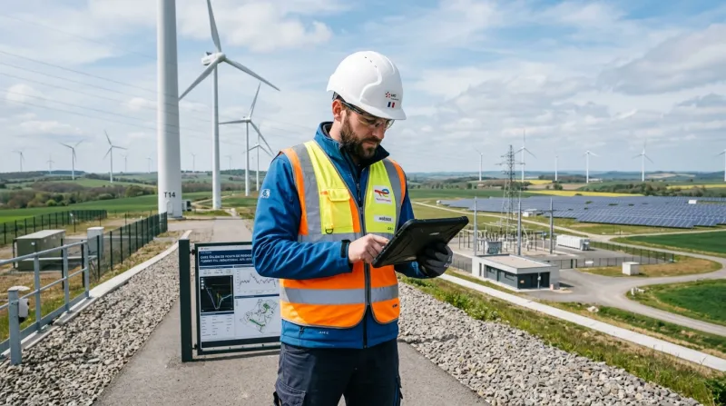 Une photo d'un ingénieur portant un casque de chantier et tenant une tablette numérique devant des i