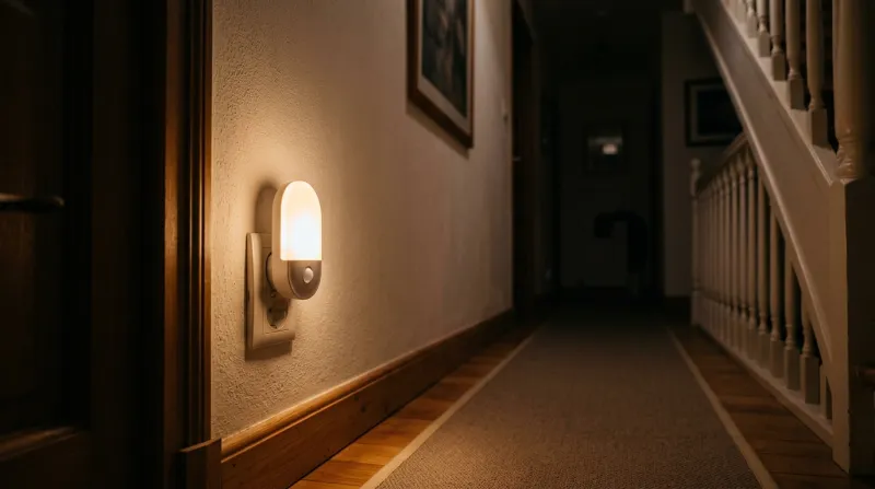 Veilleuse automatique branchée diffusant une douce lumière dans un couloir