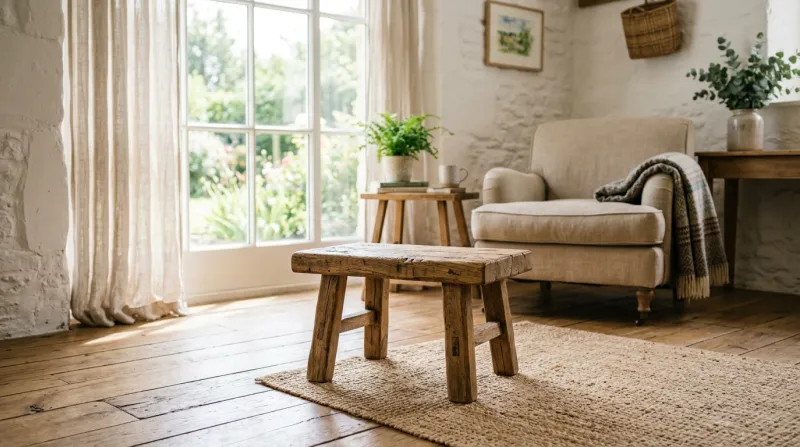 Petit tabouret bas en bois rustique dans une pièce lumineuse.