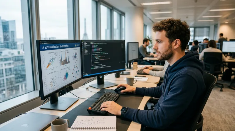 Une photo d'un ingénieur travaillant sur des visualisations de données et des algorithmes d'intellig