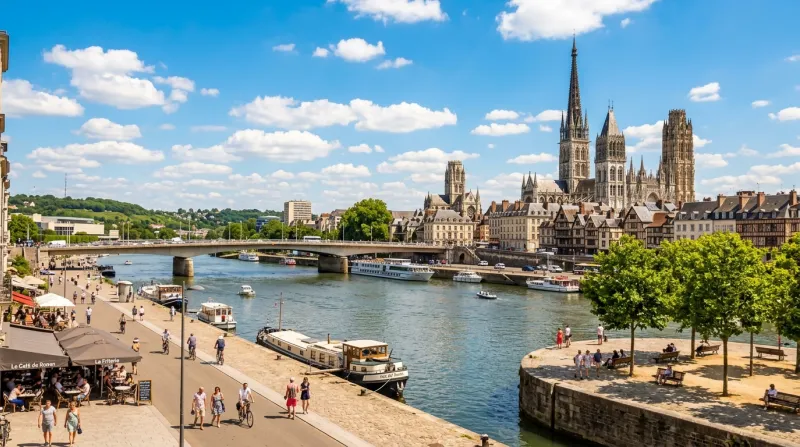 Rouen et les quais de Seine sous un soleil estival lumineux.