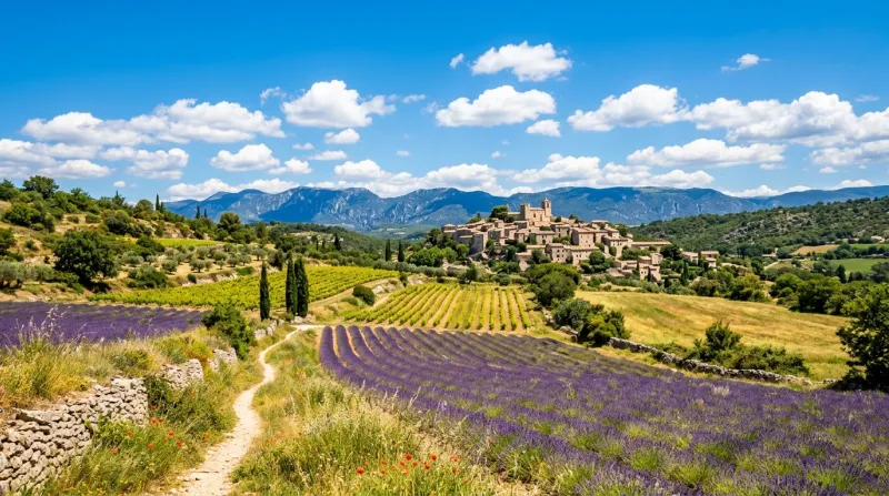 Paysage ensoleillé du Vaucluse sous un ciel bleu d'été.