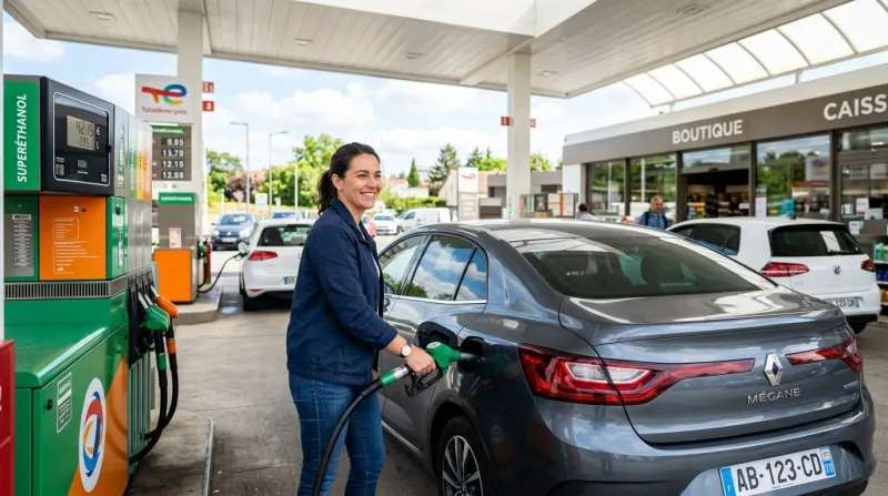 Personne faisant le plein d'essence d'une voiture moderne en station.