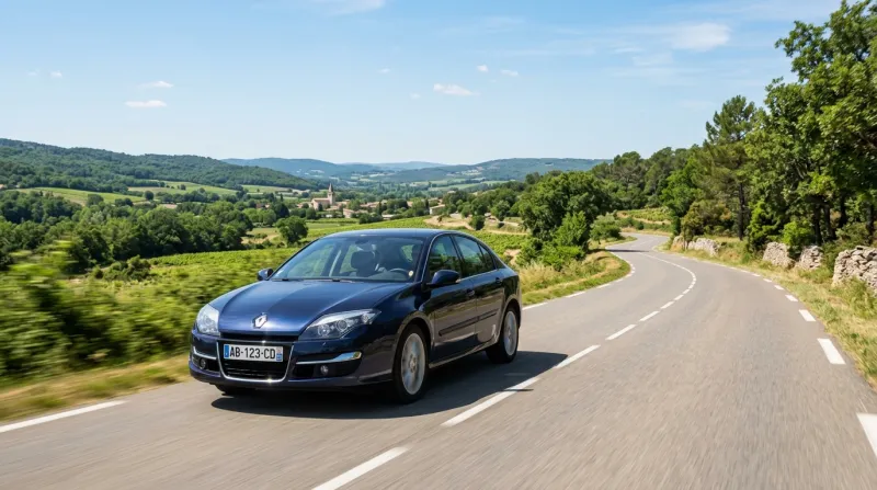 Berline Renault Laguna 3 roulant sur une route ensoleillée.
