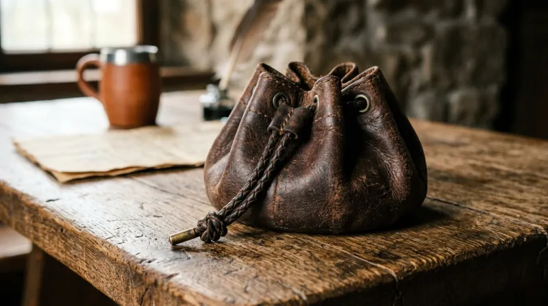 Bourse en cuir ancienne fermée par des cordons sur une table en bois.