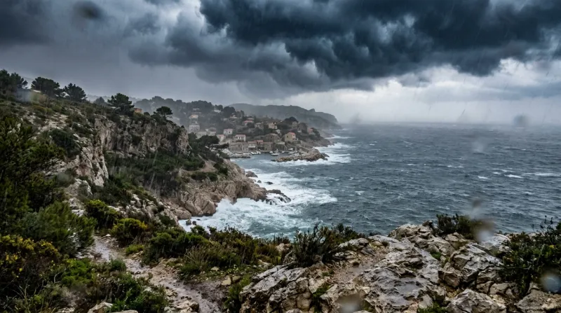 Une photo d'un paysage côtier des Bouches-du-Rhône sous un ciel d'orage et la pluie