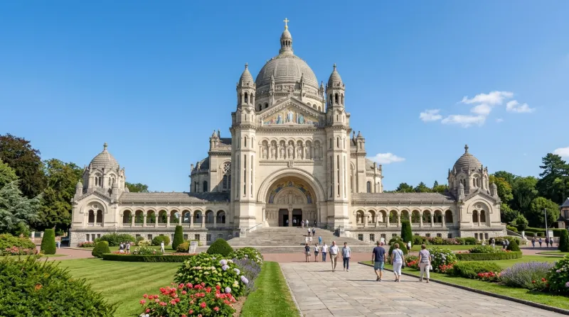 Vue extérieure de la basilique Sainte-Thérèse de Lisieux sous un ciel clair