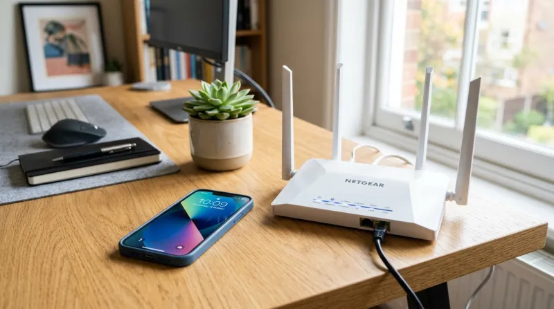 Un smartphone et un routeur internet posés sur un bureau lumineux.