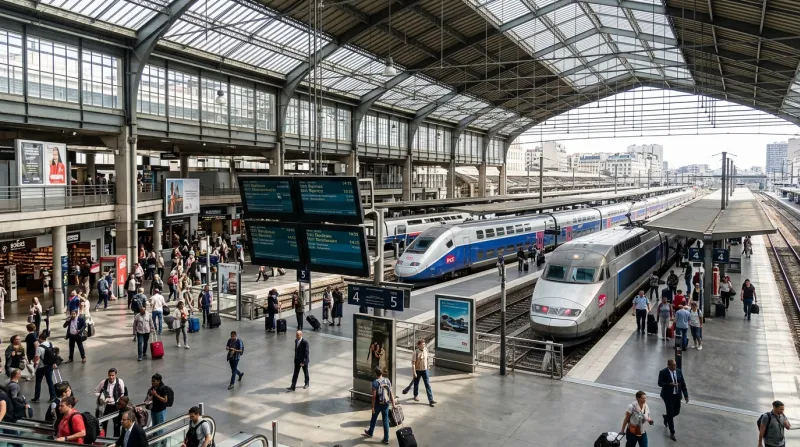 Hall moderne de la gare Paris-Montparnasse avec des TGV le long des quais
