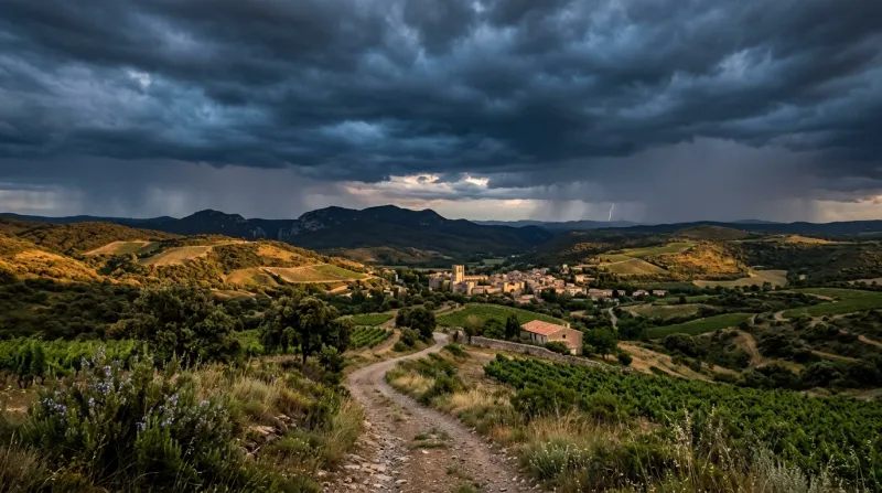 Une photo d'un paysage de l'Aude sous un ciel d'orage en fin de journée