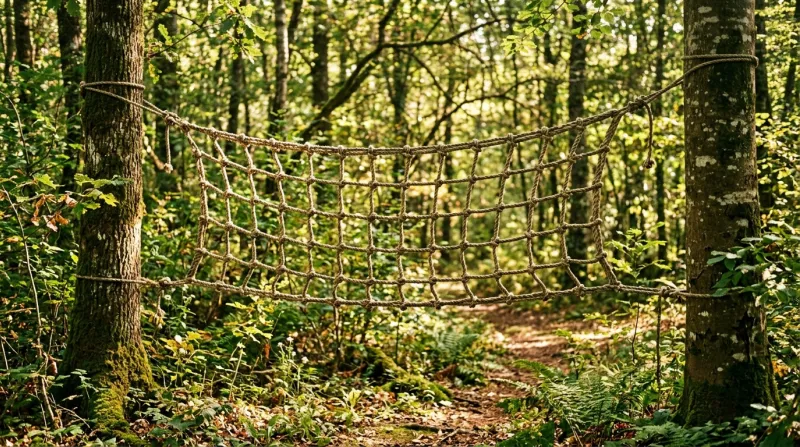 Filet en corde traditionnel tendu dans un sous-bois forestier lumineux.