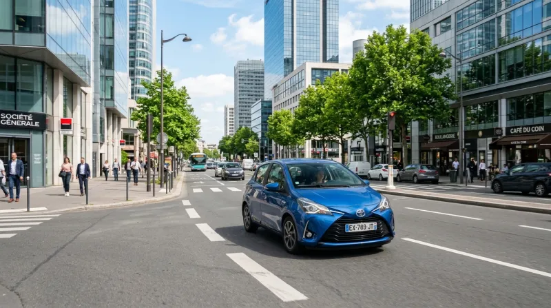 Toyota Yaris moderne roulant dans les rues d'une ville par beau temps.