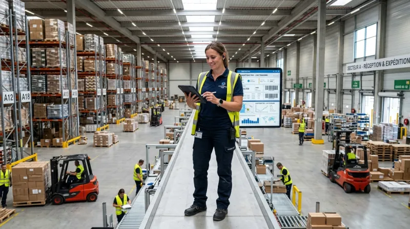 Une photo d'un responsable logistique avec une tablette numérique dans un grand entrepôt moderne et 