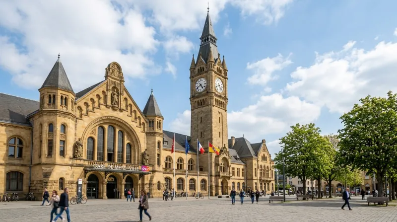 Façade extérieure et tour de l'horloge de la gare de Metz sous un ciel lumineux