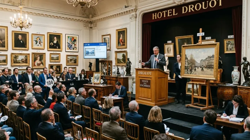 Salle des ventes de l'Hôtel Drouot avec tableaux et objets d'art.