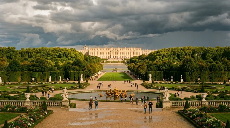 Jardins du château de Versailles sous une lumière d'orage estivale.