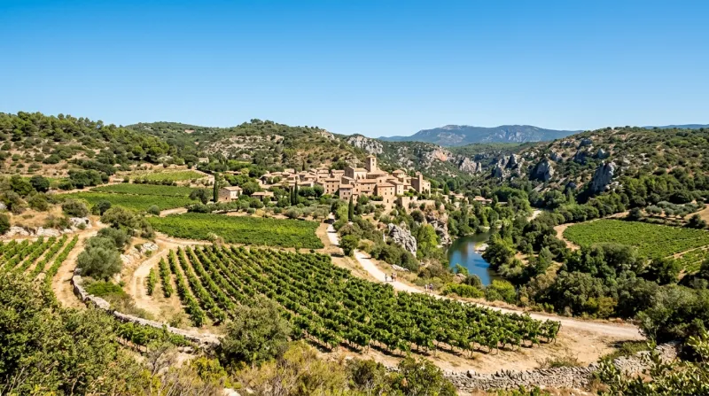 Paysage ensoleillé de l'Hérault sous un ciel bleu.