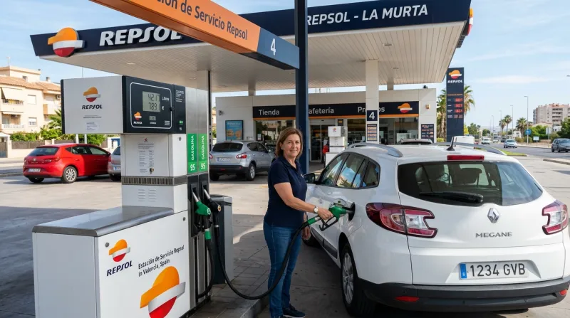 Voiture faisant le plein dans une station-service en Espagne.