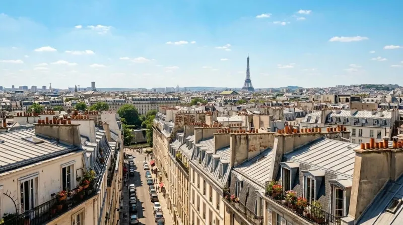 Toits de Paris ensoleillés avec la Tour Eiffel au loin