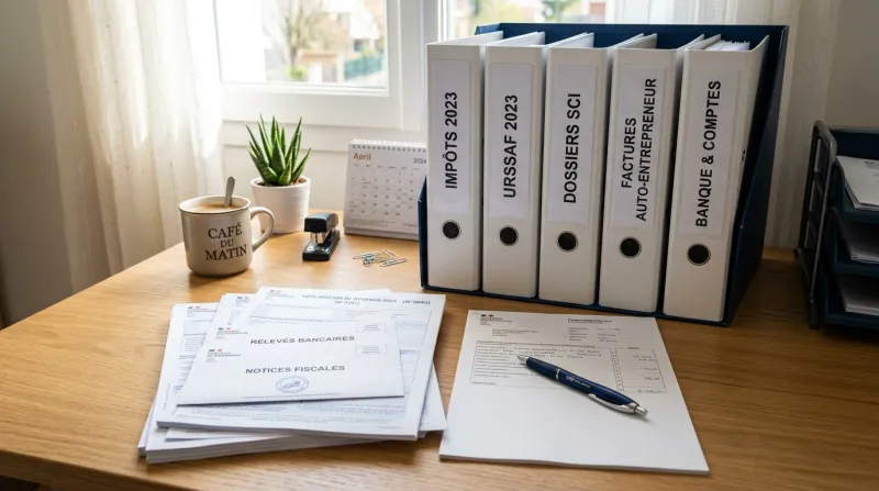 Dossiers administratifs et formulaires fiscaux rangés sur un bureau lumineux.