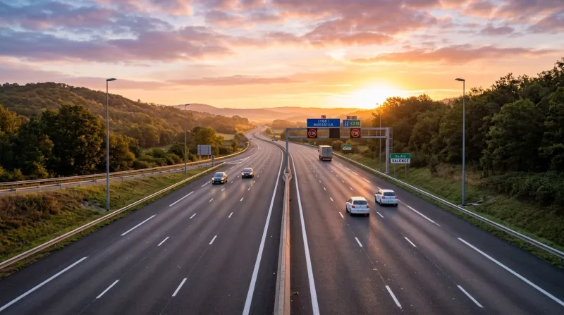 Autoroute fluide et dégagée au lever du soleil
