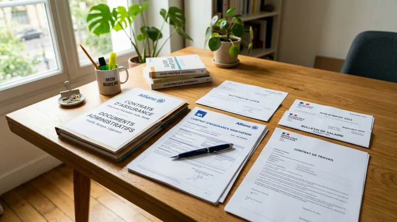 Contrats d'assurance et documents administratifs sur un bureau avec un stylo