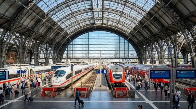 Gare centrale de Francfort lumineuse avec des trains sous la verrière