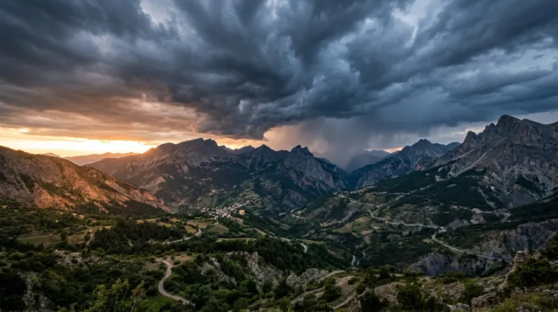 Une photo d'un paysage de montagne dans les Alpes-de-Haute-Provence avec des nuages orageux en fin d