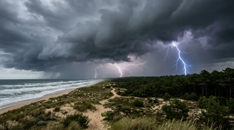 Une photo d'un paysage dans les Landes sous un ciel d'orage avec des éclairs
