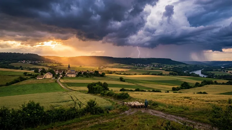 Une photo d'un paysage de campagne en Moselle sous un ciel d'orage en fin d'après-midi