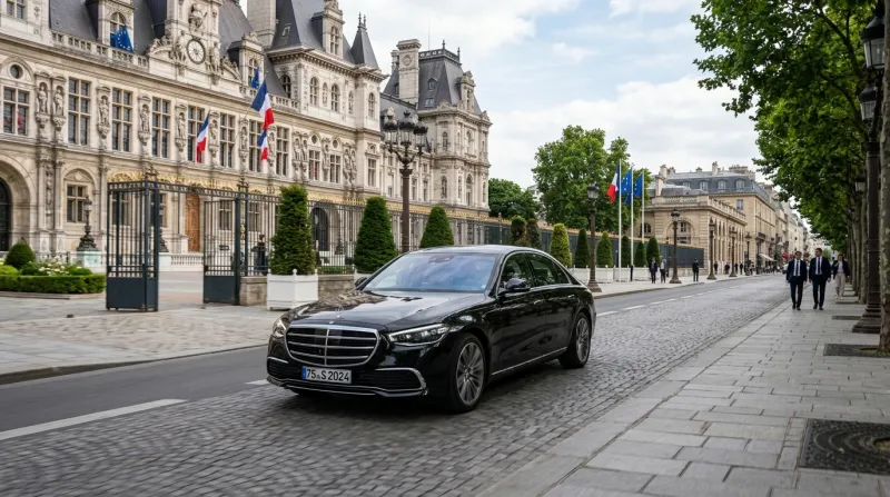 Une berline Mercedes-Benz Classe S noire dans un quartier officiel.