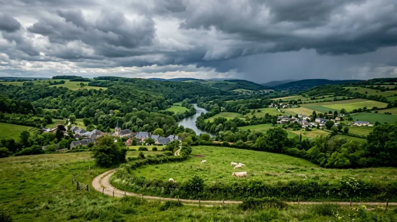 Une photo d'un paysage verdoyant de la Meuse sous un ciel nuageux d'orage modéré