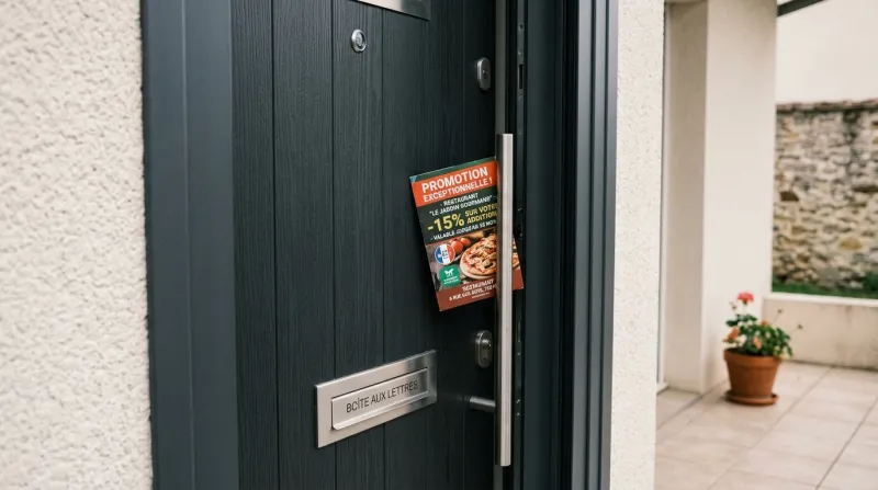 Une photo en gros plan d'une porte d'entrée moderne avec un prospectus glissé dans l'encadrement