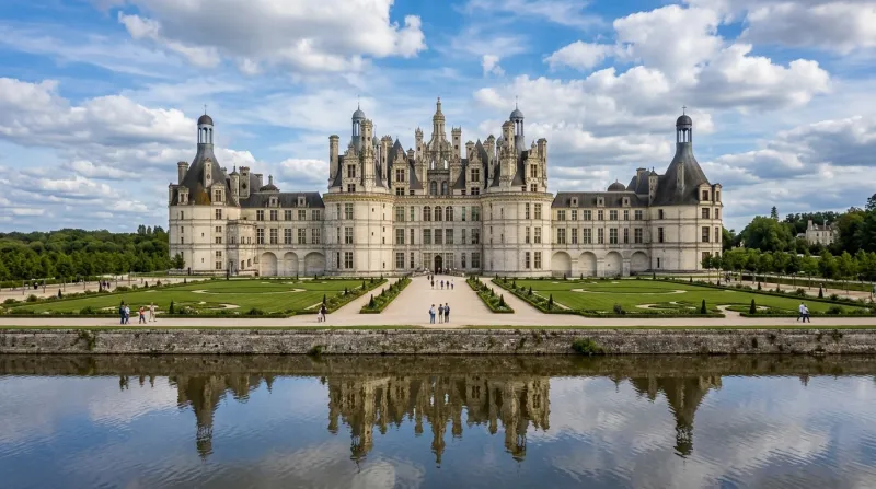 Château de Chambord sous un ciel bleu, architecture Renaissance.