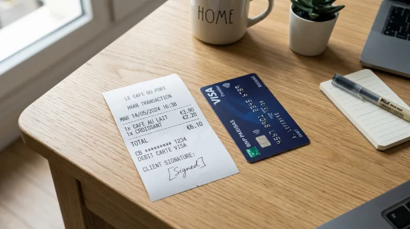 Un ticket de carte bancaire et une carte de paiement sur un bureau.