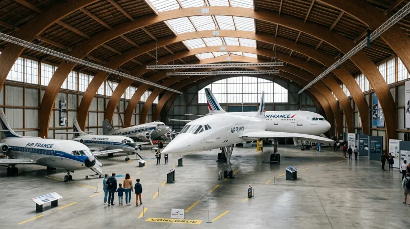 Avions historiques, dont le Concorde, exposés dans la halle d'Aeroscopia.