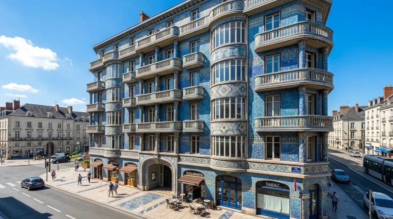 Façade en mosaïques de la Maison bleue à Angers sous le soleil.