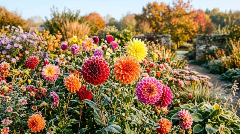 Dahlias multicolores et éclatants sous une fine gelée matinale.