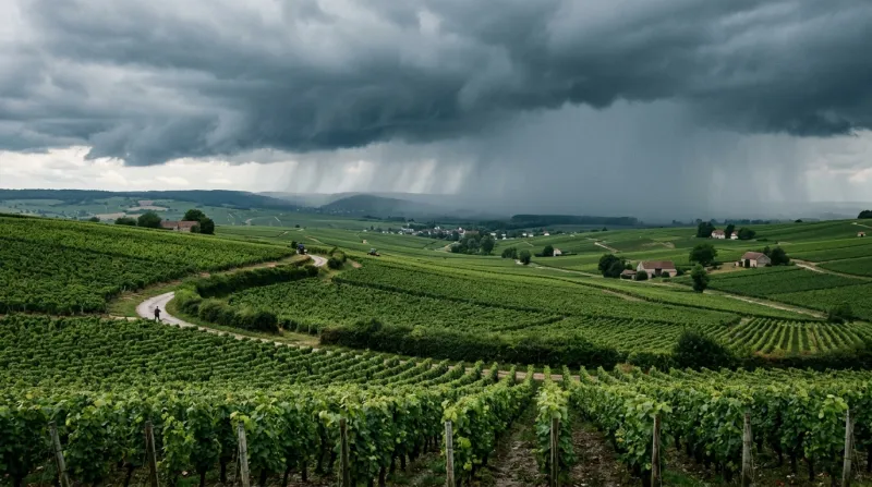 Une photo d'un paysage de vignobles dans la Marne sous un ciel orageux avec de la pluie au loin