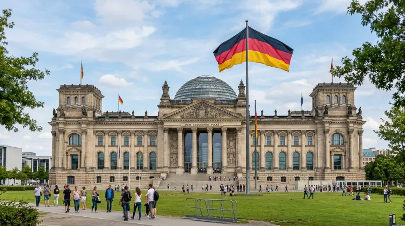 Le bâtiment du Bundestag à Berlin sous un ciel bleu avec le drapeau allemand.