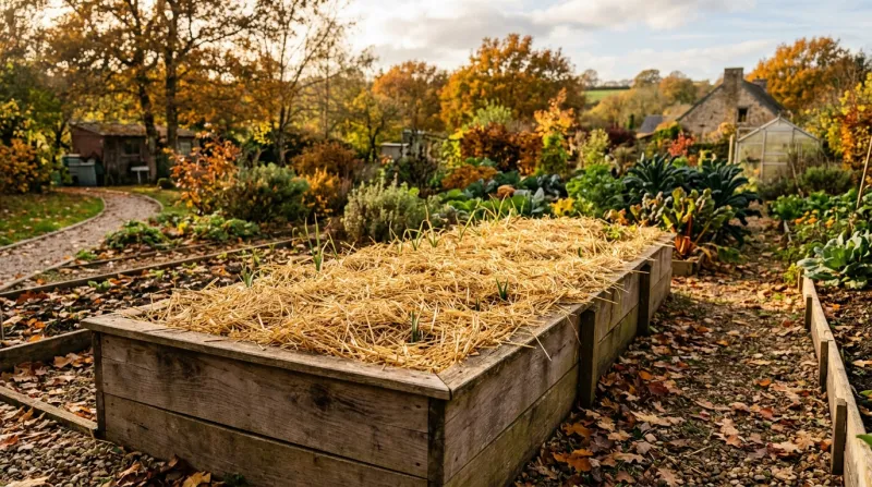 Planche de potager paillée sous une douce lumière d'automne.