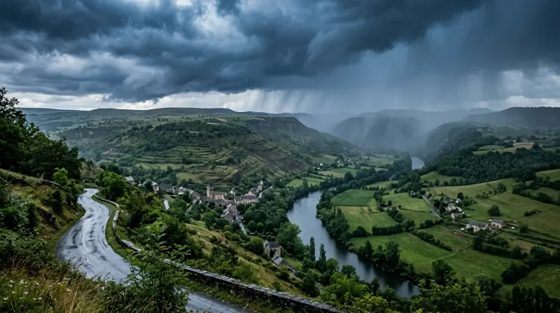 Paysage d'Aveyron sous un ciel orageux et chargé de pluie.
