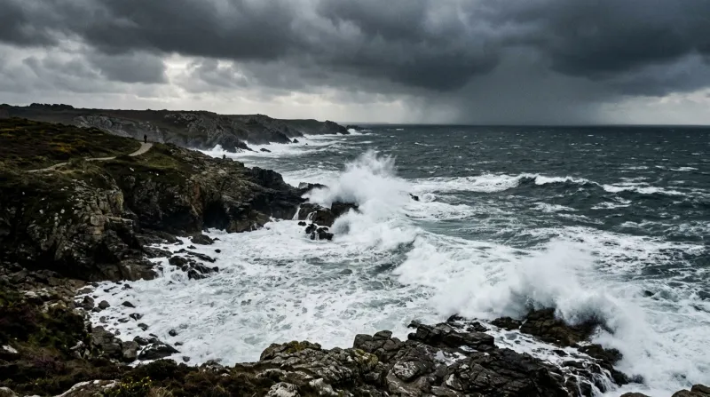 Littoral du Morbihan sous un ciel orageux avec des vagues.