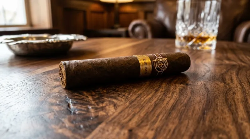 Gros plan d'un cigare Robusto sur une table en bois.