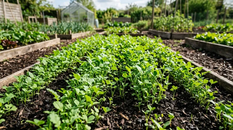 Jeunes pousses d'engrais vert sur la terre d'un potager.