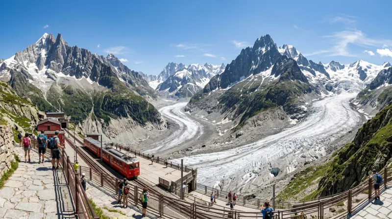 Vue panoramique du glacier de la Mer de Glace et des sommets alpins.