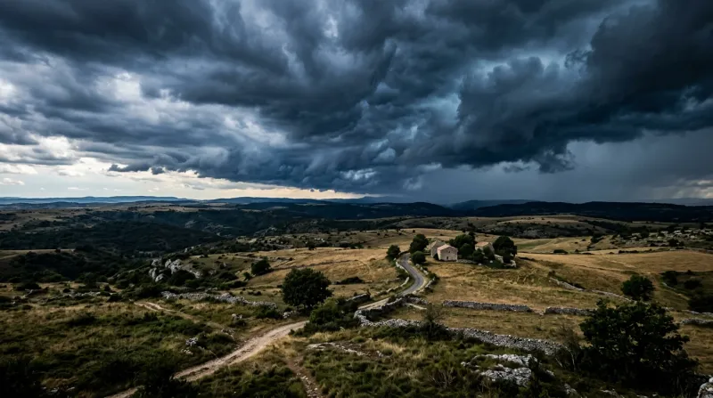 Paysage de plateau dans l'Aveyron sous un ciel d'orage spectaculaire.